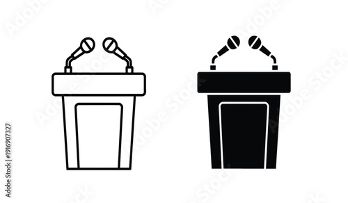 Two podiums with microphones on top for public speaking events in black and white