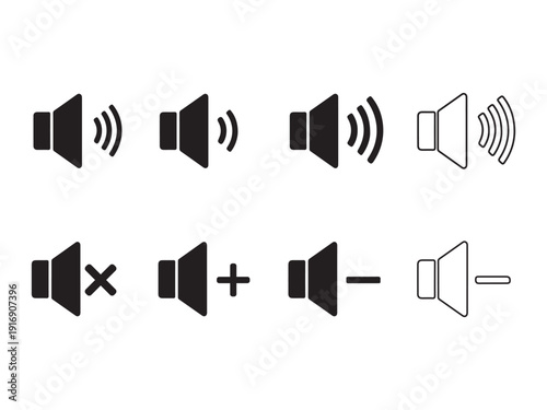 Set of speaker and volume icons showing sound levels, mute, and adjustment controls