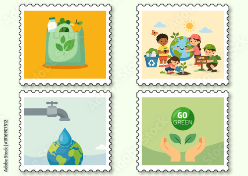 GO GREEN. Post stamps- sustainability, eco.
