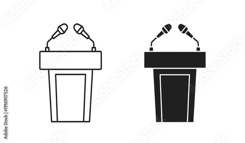 Two podiums with microphones on top for public speaking events in black and white