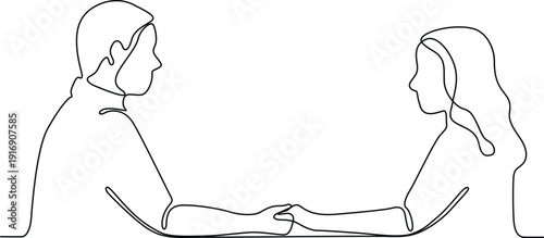 Two individuals sitting at a table, exchanging a piece of paper or document Vector