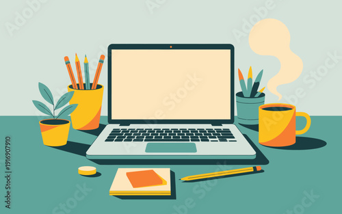 Modern workspace with laptop and office supplies on a desk.