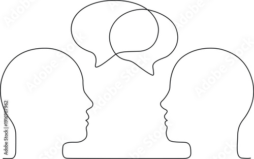 Two silhouetted heads facing each other with speech bubbles above them. Vector
