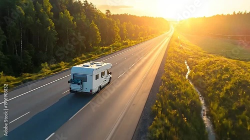 Aerial view of a camper van driving down a highway at sunset.