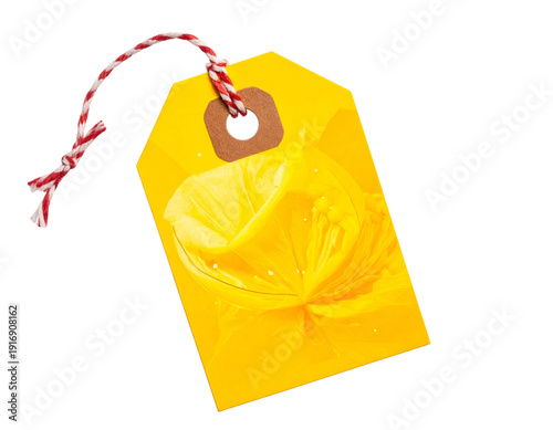 Bright yellow tag with a flower peeking through