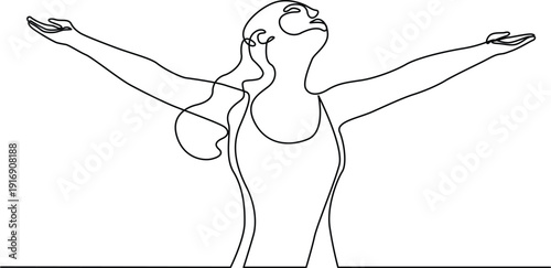 A line drawing of a person with their arms outstretched and a ball in their hand. Vector