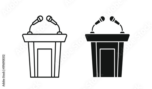Two podiums with microphones in black and white for presentations and speeches