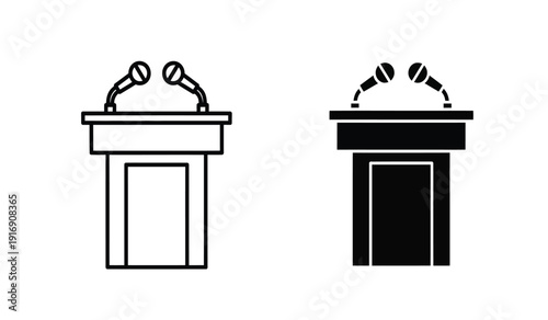 Two podiums with microphones on top in black and white line art style for presentations or speeches