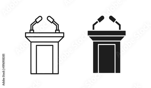 Two podiums with microphones in black and white line art style for presentations or speeches