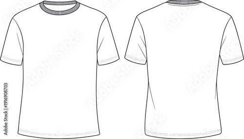 Technical fashion flat sketch of classic crewneck t-shirt with short sleeves, ribbed collar detail, minimalist casual apparel front and back views