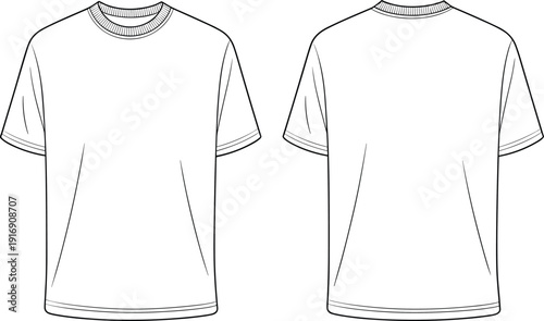 Technical fashion flat sketch of classic long sleeve sweatshirt with crewneck collar, ribbed cuffs and hem, minimalist casual apparel front back views