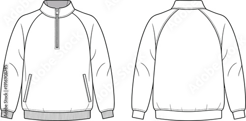 Technical fashion flat sketch of half zip sweatshirt with stand collar, raglan sleeves, ribbed cuffs and hem, front and back views, vector template