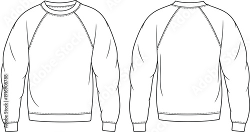 Technical fashion flat sketch of raglan sleeve crewneck sweatshirt with long sleeves, ribbed cuffs and hem, front and back views, vector template