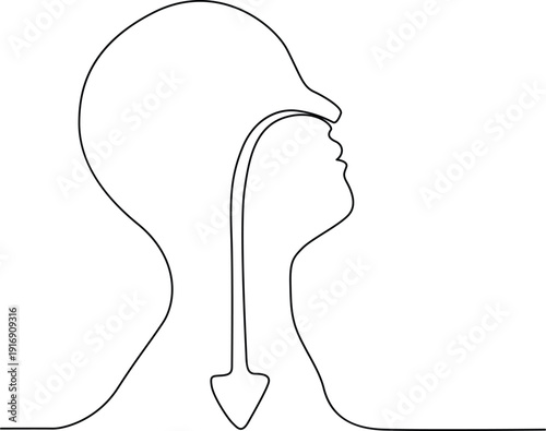 Minimalist line art depicting a human head with a downward arrow Vector