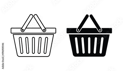 Two shopping baskets in line and solid black icon style for ecommerce and retail use