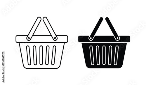 Black and white shopping basket icons in line art and solid fill styles for ecommerce and retail use