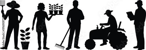 Agricultural worker silhouettes with pitchfork, seedlings, rake, tractor, clipboard, farming tasks, gardening, soil preparation, mechanized agriculture illustration