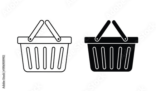Black and white line art shopping basket icons in outline and solid style for ecommerce and retail use