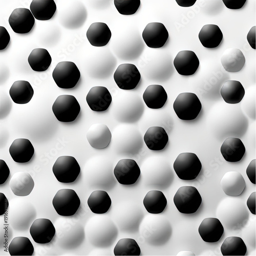 Monochromatic, seamless, 3D, black and white regular rounded hexagons, on a bubbled white background.eps