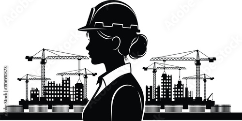 Female engineer silhouette illustration, construction site background, cranes and buildings vector design, professional woman in helmet, architecture industry diversity concept