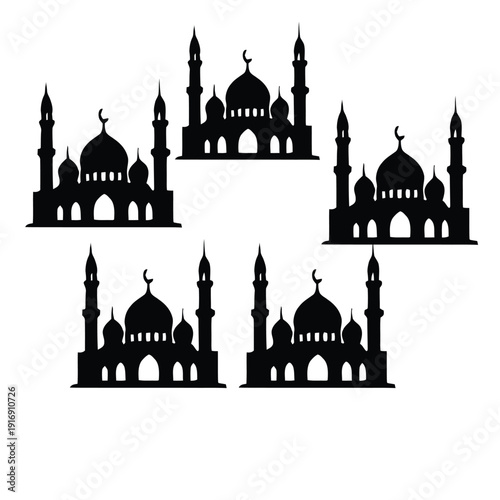 Islamic Mosque Silhouette Set with Crescent Moon and Minarets 