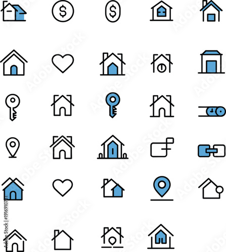 Real estate property icon set line vector collection featuring houses, keys, location, mortgage, home ownership symbols design