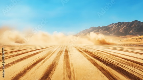 Speed and action in the desert with tire tracks and dusty terrain under a clear blue sky and rugged mountains in the background.