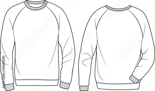 Technical fashion flat sketch of raglan sleeve sweatshirt with ribbed crewneck, long sleeves, ribbed cuffs and hem, front and back views template