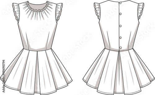 Technical fashion flat sketch of sleeveless peplum blouse with ruffle cap sleeves, gathered neckline, pleated hem, front and back views template