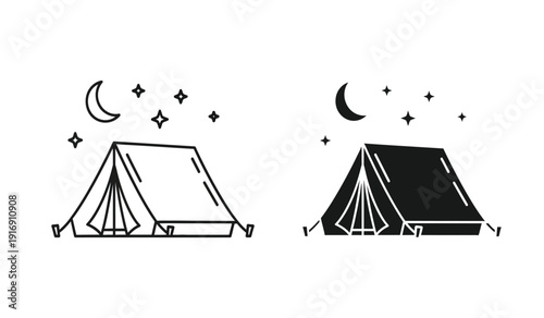 Black and white illustration of two tents under a crescent moon and stars at night