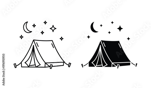 Black and white illustration of two tents under starry night sky with crescent moon