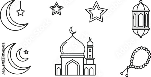 Elegant Ramadhan Kareem vector collection spiritual line art icons celebrating Islamic tradition and holy month