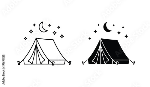 Black and white illustration of two camping tents under a starry night sky with crescent moon