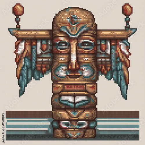 A pixel art image of a totem pole with a face, feathers, and a unique design.