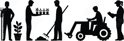 Silhouette icons of farmers, tractor driving, planting seedlings, soil preparation, pitchfork, clipboard notes, agricultural work vector illustration