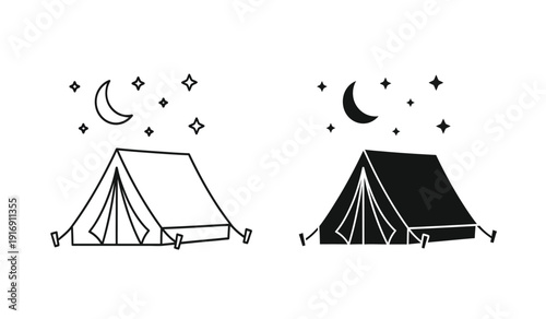 Vector illustration of two camping tents under a starry night sky with crescent moon
