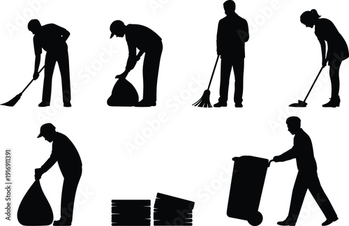 Silhouette icons of janitors, cleaning staff, sweeping, mopping, garbage handling, sanitation work, custodial equipment, hygiene vector illustration