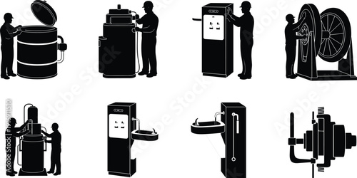 Silhouette icons of water treatment systems, filtration, dispenser, fountain, valve, pump, plumbing equipment, human interaction vector illustration