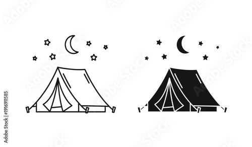 Two tents under starry night sky with crescent moon camping illustration