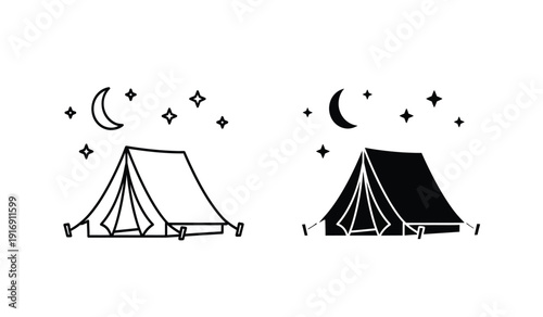 Black and white tent illustrations with moon and stars