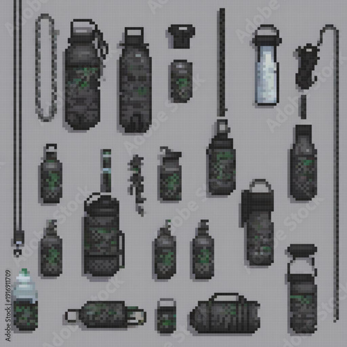 A pixel art image showcases various items like bottles, a chain, and a lantern, possibly from a survival or gaming context.
