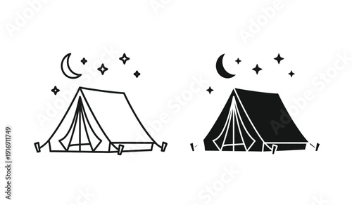 Black and white illustration of two camping tents under a starry night sky with crescent moon