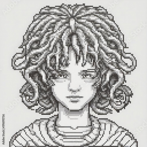 A woman with dreadlocks, a striped shirt, and a unique facial feature, possibly a tattoo, in a pixel art style.