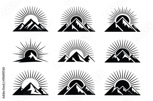 Mountain sunrise icons: peaks, sunburst, nature, adventure