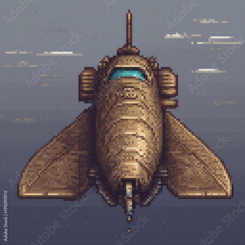A vintage space ship with a blue cockpit, labeled 'D', soaring above a cloudy sky.
