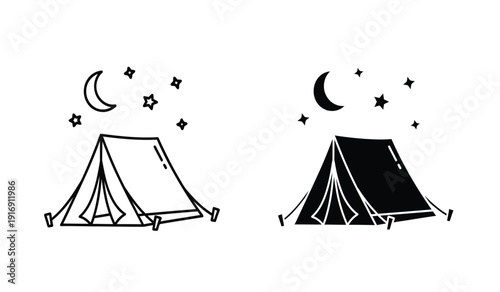 Black and white illustration of two tents under starry night sky with crescent moon