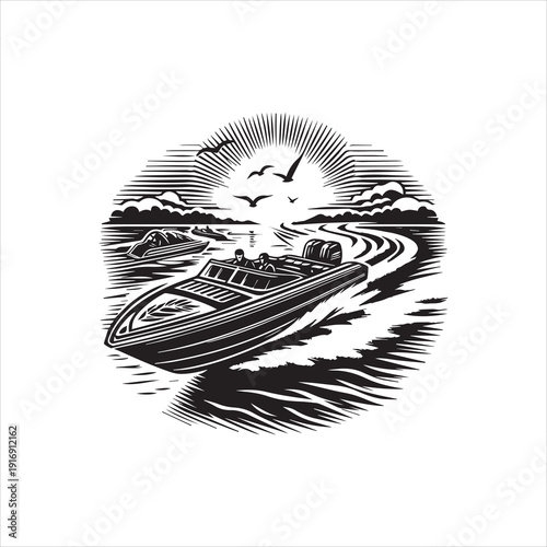 Vector illustration of a speedboat racing across a serene lake with a scenic mountain backdrop and birds flying overhead in a circular black and white design.