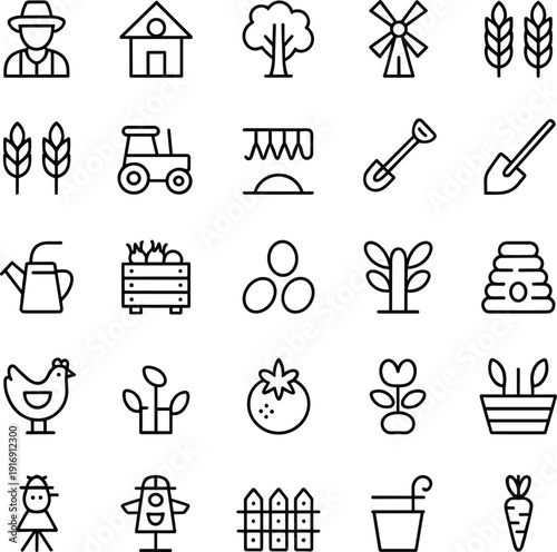Farming agriculture icon set line vector collection featuring farmer, tractor, crops, plants, tools, rural lifestyle symbols illustration