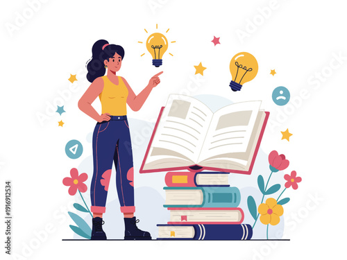 Cartoon woman with long black hair in yellow top and blue jeans standing next to stack of books with light bulbs flowers and stars around her