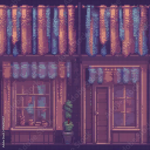 The image showcases a quaint shop with a window display featuring potted plants and vases. The shop's exterior has a unique blend of blue and orange hues, giving it a vintage feel.